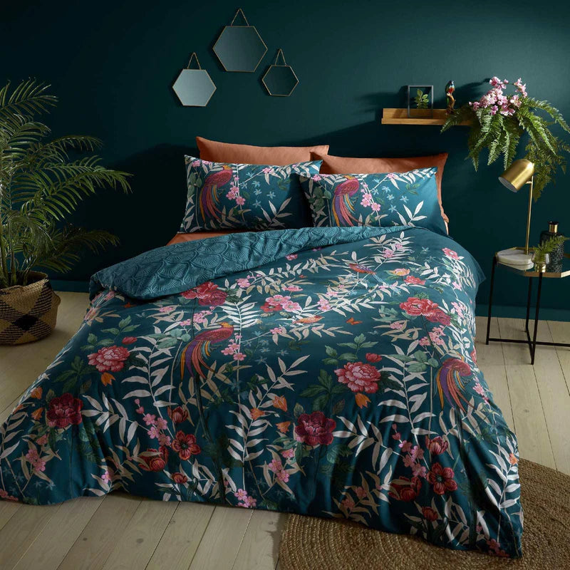 Tropical Floral Birds Reversible Green Duvet Cover Set by Catherine Lansfield