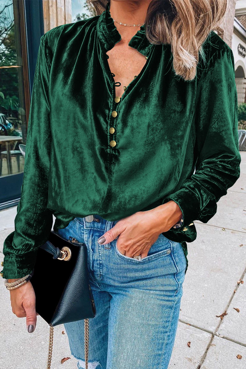 Frilled Buttoned V Neck Velvet Blouse