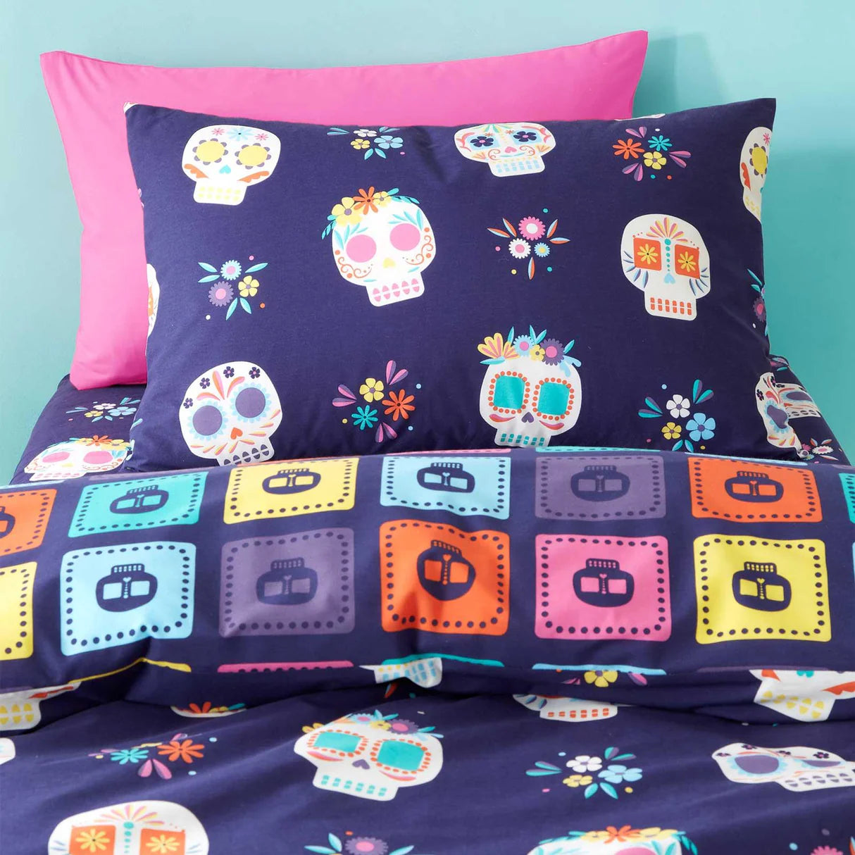 Sugar Skull Fiesta Reversible Duvet Cover Set in Purple by Catherine Lansfield