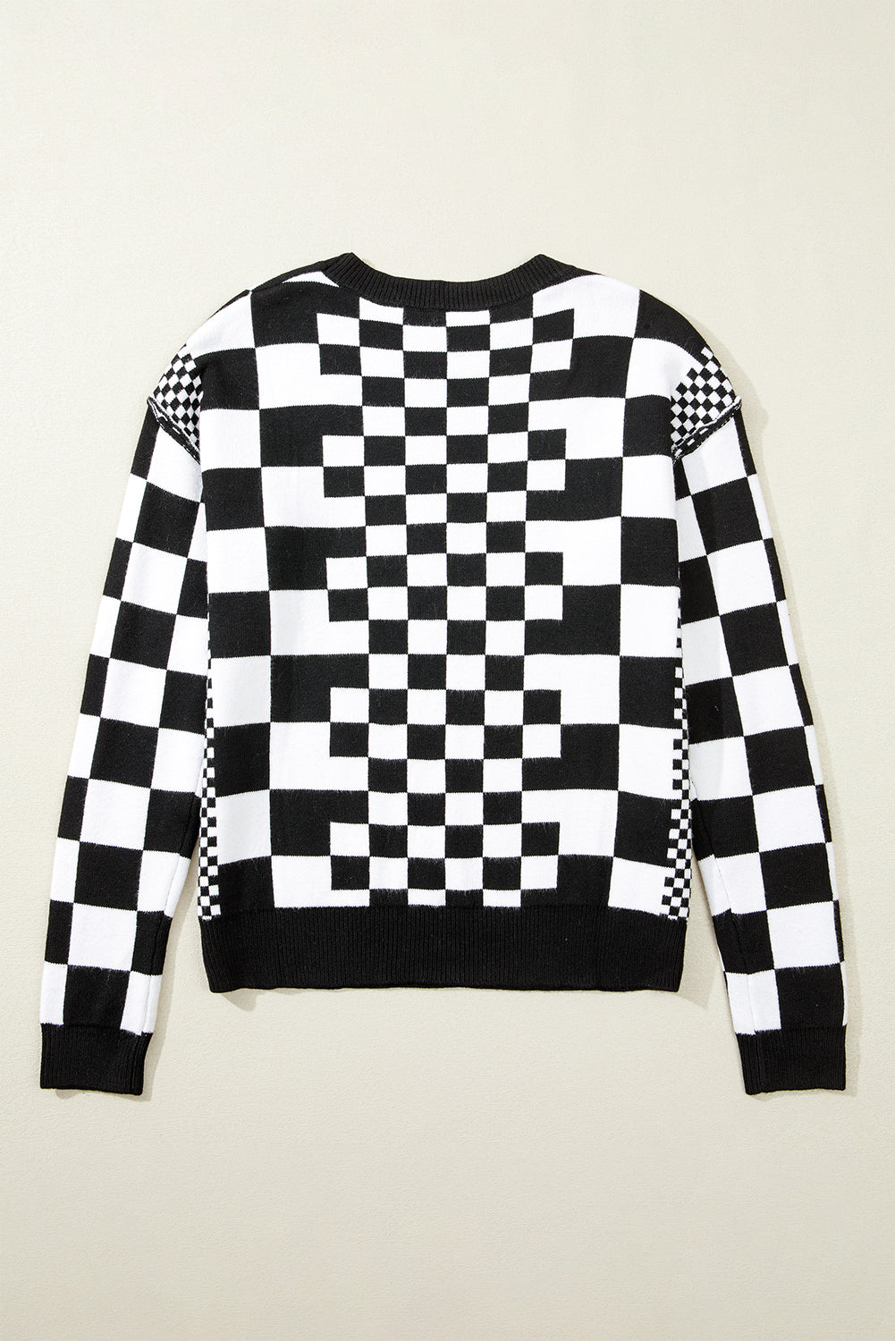 Checkered Drop Shoulder Round Neck Sweater