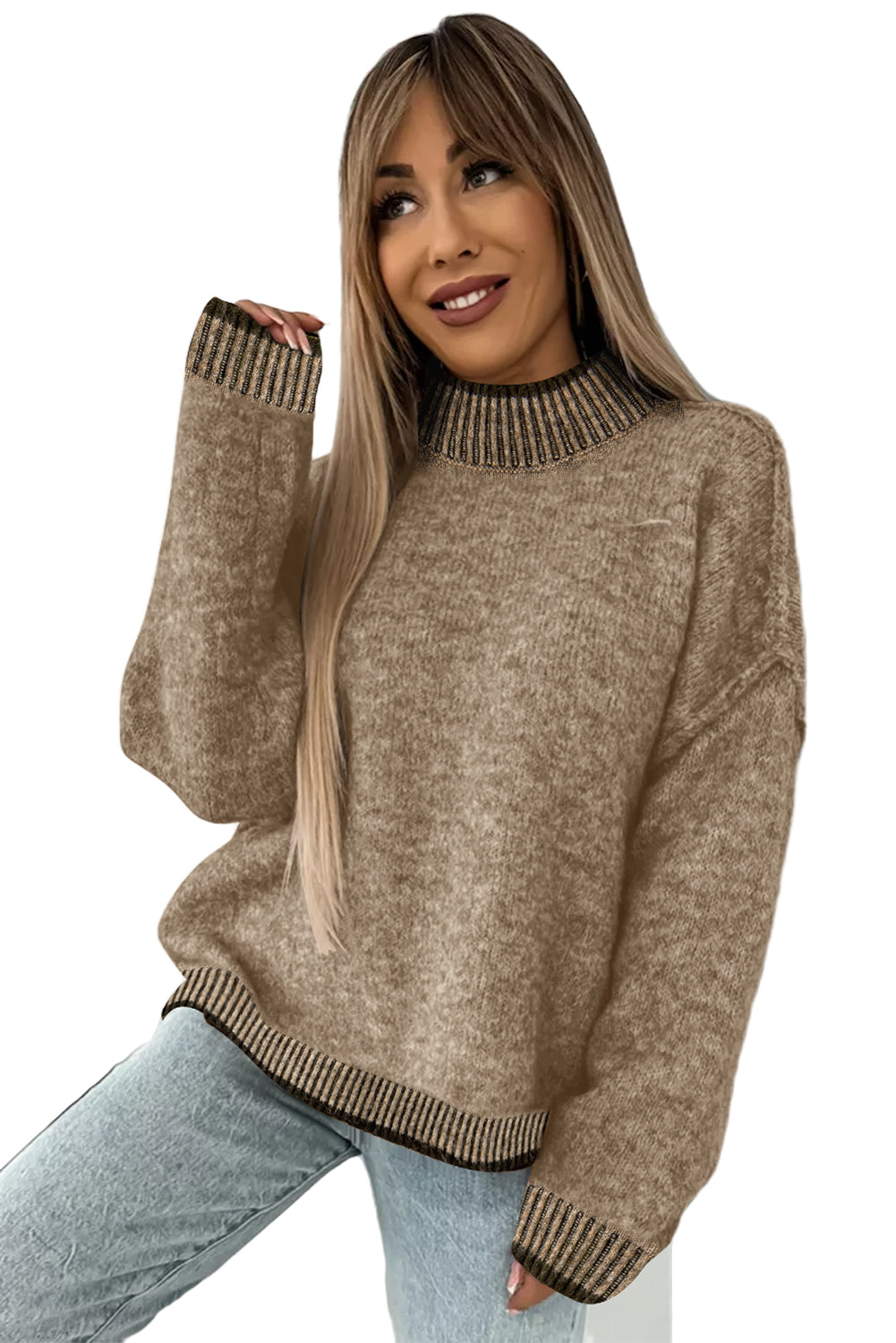 Pale Khaki Contrast Trim Mock Neck Drop Shoulder Sweater