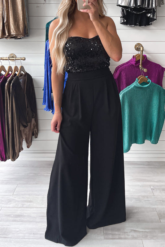 Black Sequin Tube Top Floor Length Wide Leg Jumpsuit