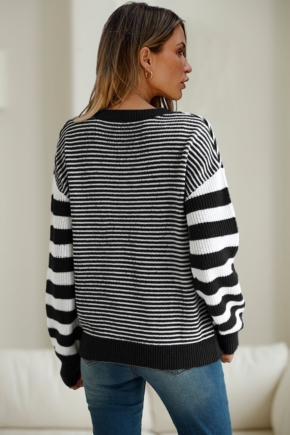 Stripe Twisted Knitted Drop Shoulder Sweater