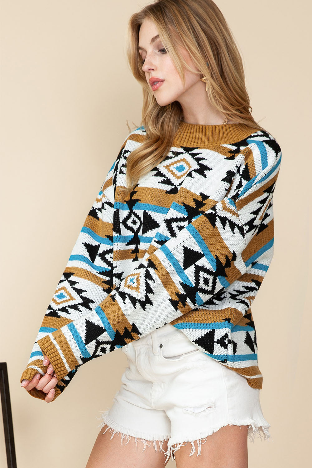 Brown Geometric Striped Knit Ribbed Trim Sweater