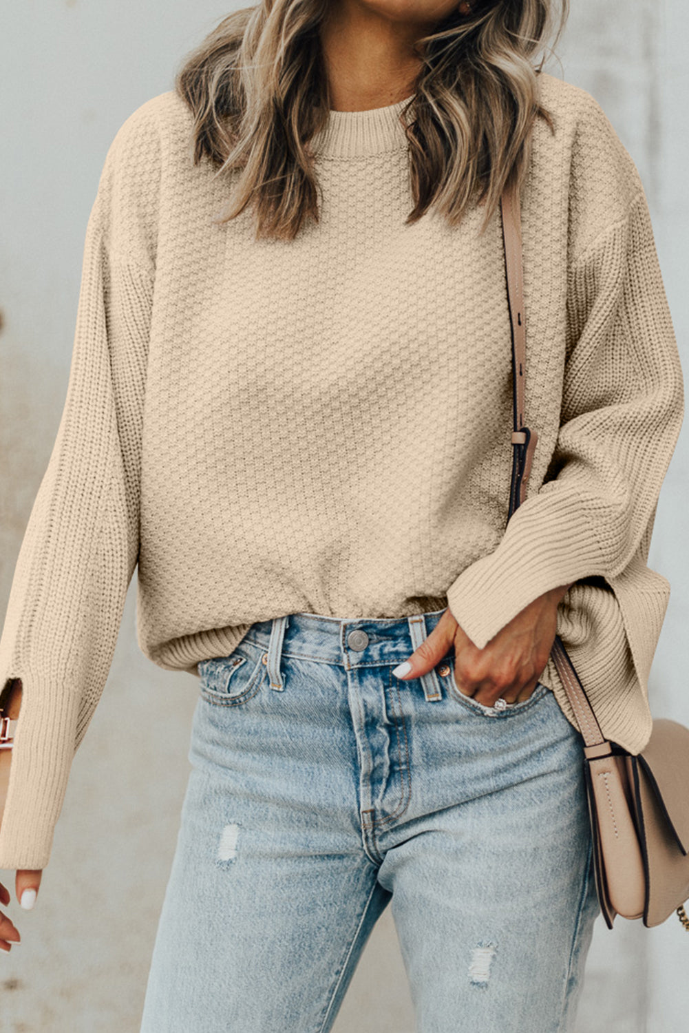 Textured Knit Split Cuff Drop Shoulder Loose Sweater