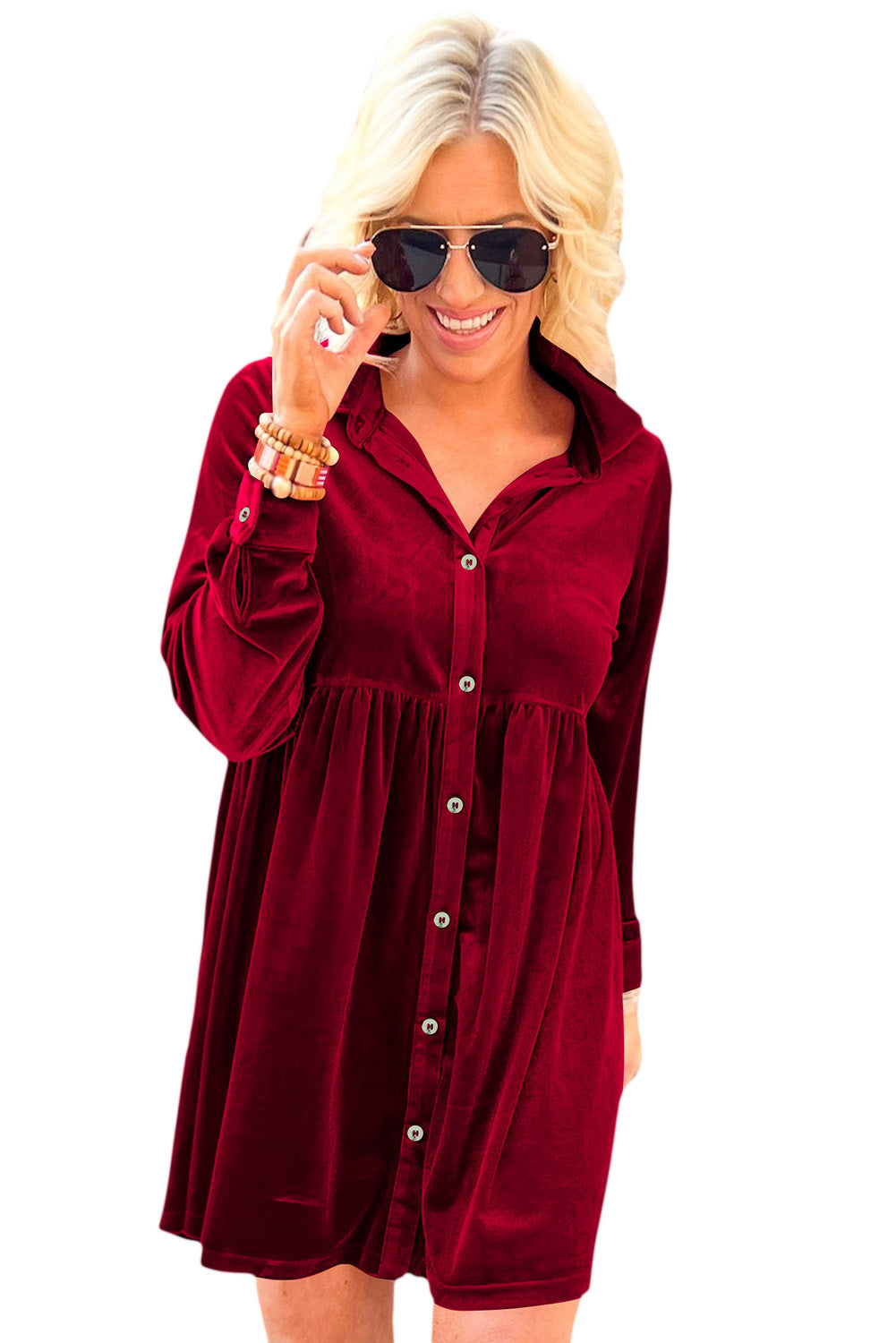 Long Sleeve Ruffle Velvet Button Up Shirt Dress