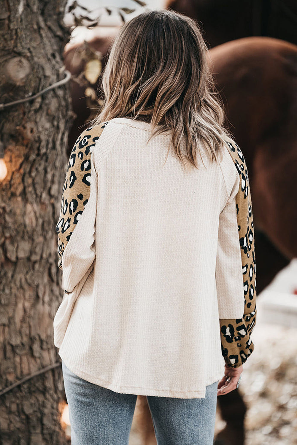 Beige Plus Size Waffle Knit Contrast Leopard Long Sleeve Top