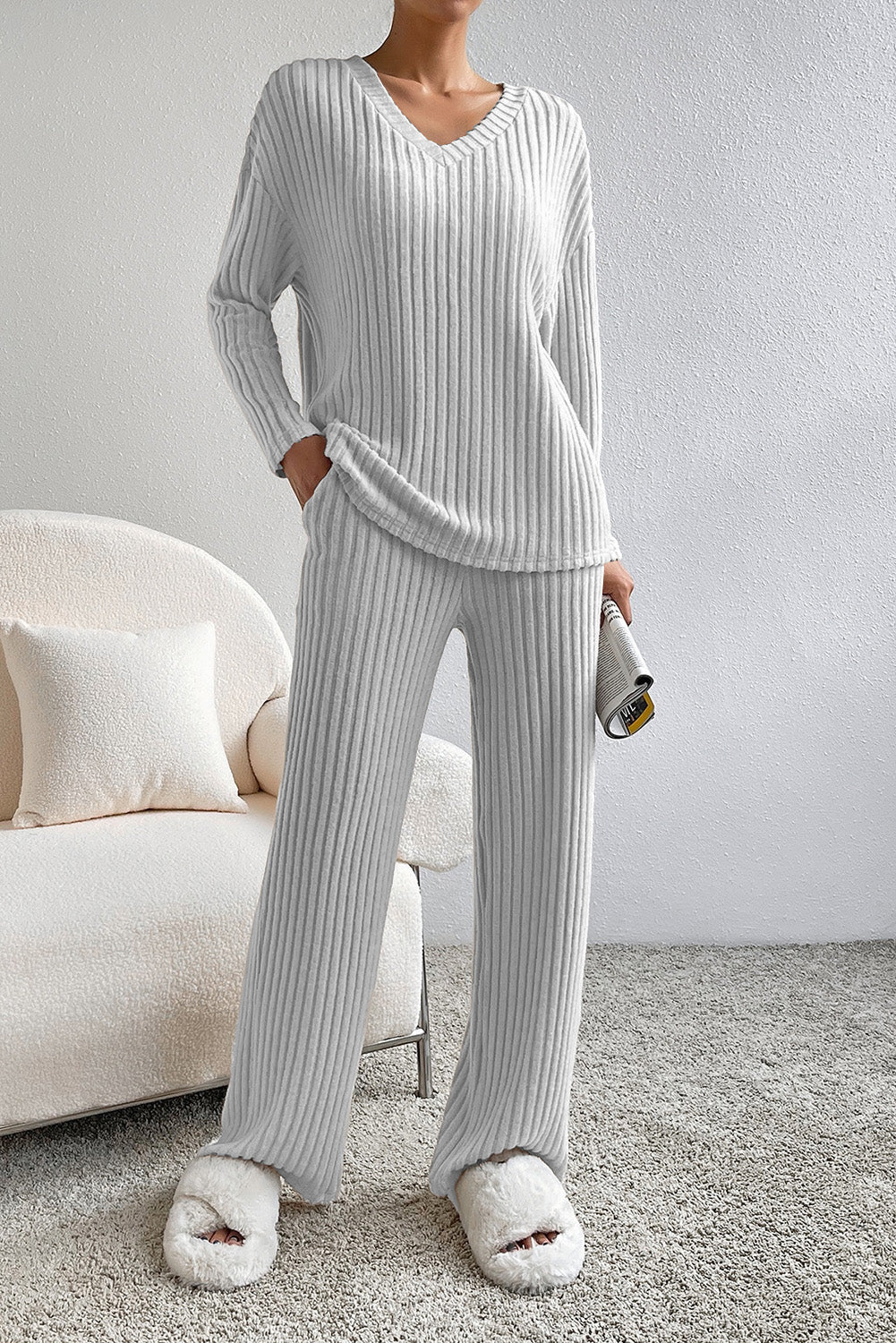 Slouchy Ribbed Knit V Neck Top & Pants Loungewear Set