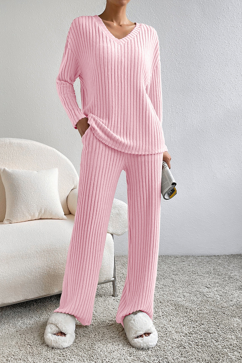 Slouchy Ribbed Knit V Neck Top & Pants Loungewear Set