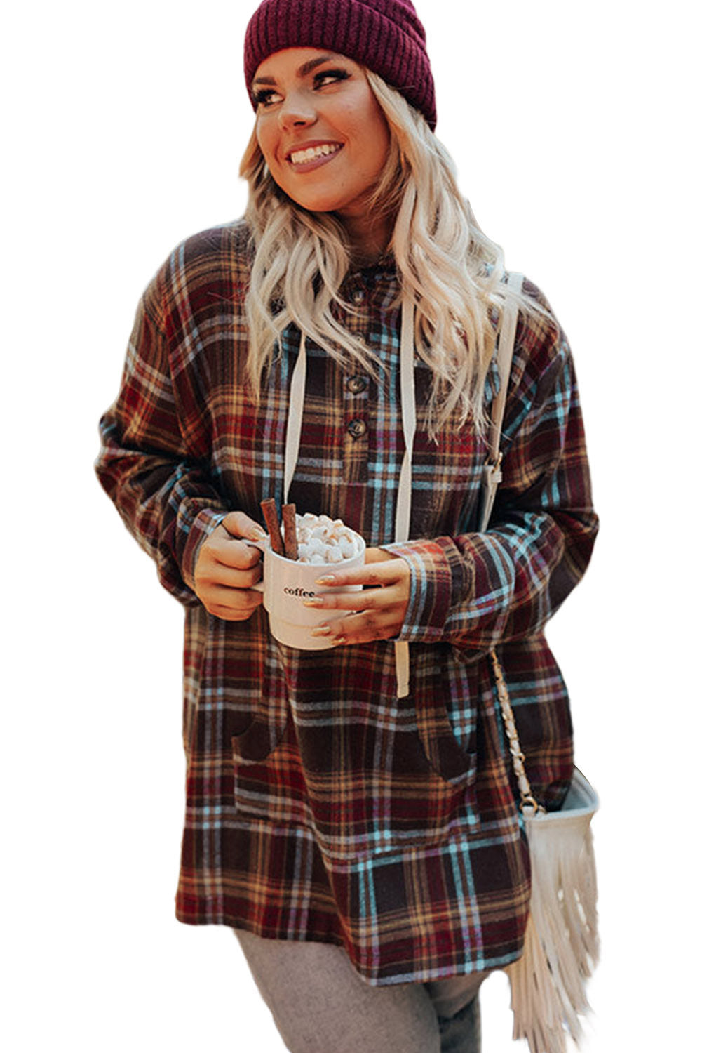 Plus Size Plaid Kangaroo Pocket Drawstring Hoodie