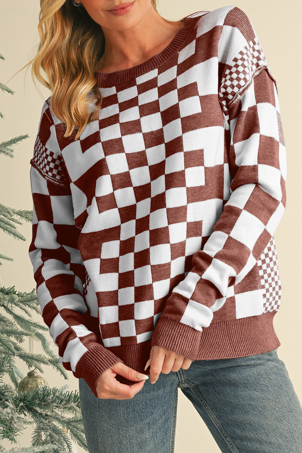 Checkered Drop Shoulder Round Neck Sweater