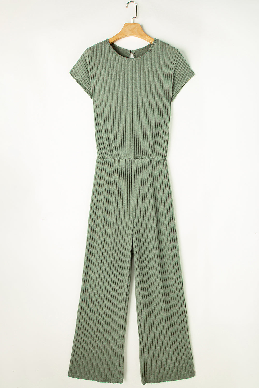 Solid Color Ribbed Short Sleeve Wide Leg Jumpsuit