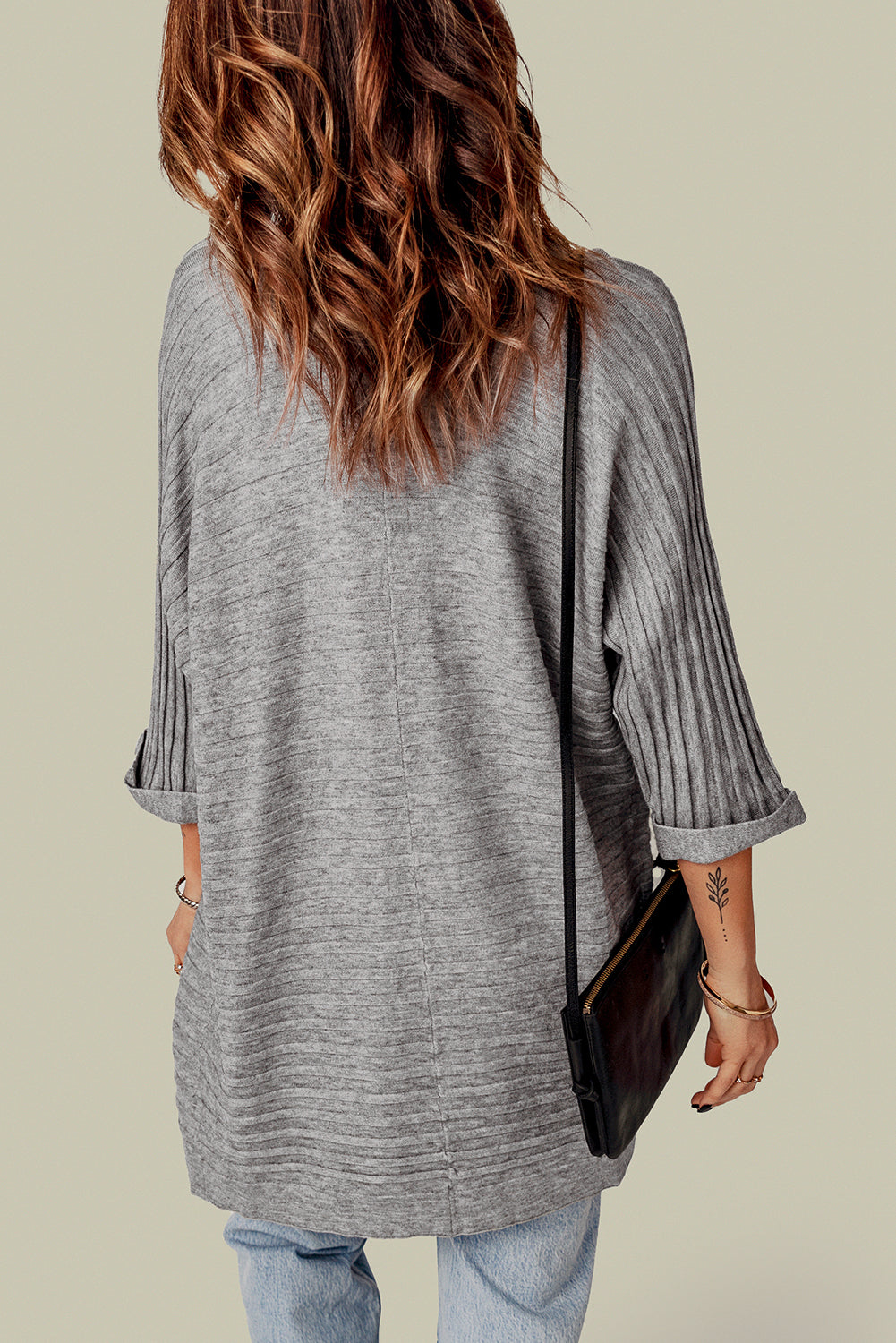 Grey Textured Ribbed Open Front Knit Cardigans