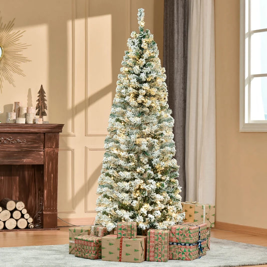 6FT Prelit Artificial Snow Flocked Christmas Tree with Warm White LED Lights