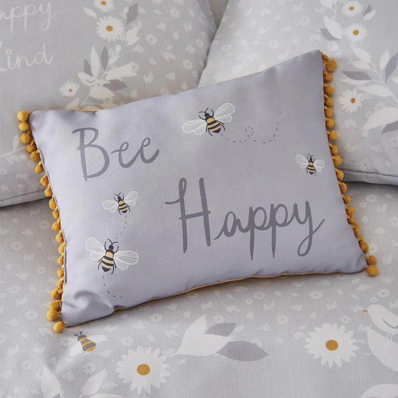 Bee Happy Pom Pom Trim Grey Filled Boudoir Cushion