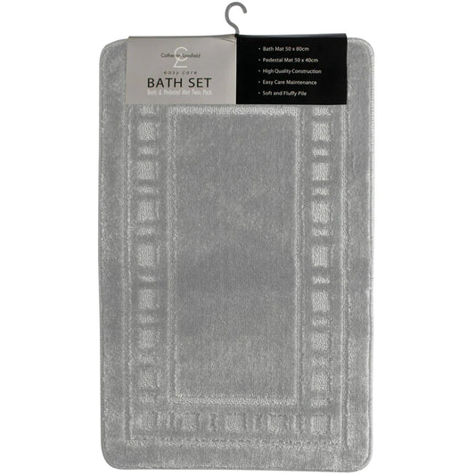 Armoni Bordered Bath & Pedestal Mat Set Grey