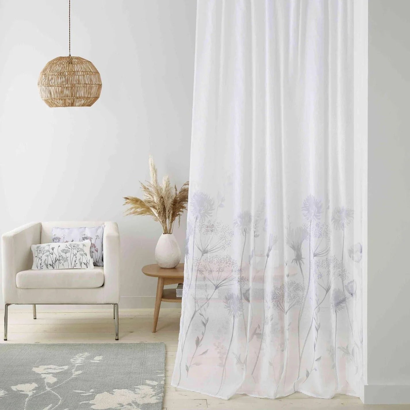 Meadowsweet Floral Voile Curtain Panel White - Catherine Lansfield