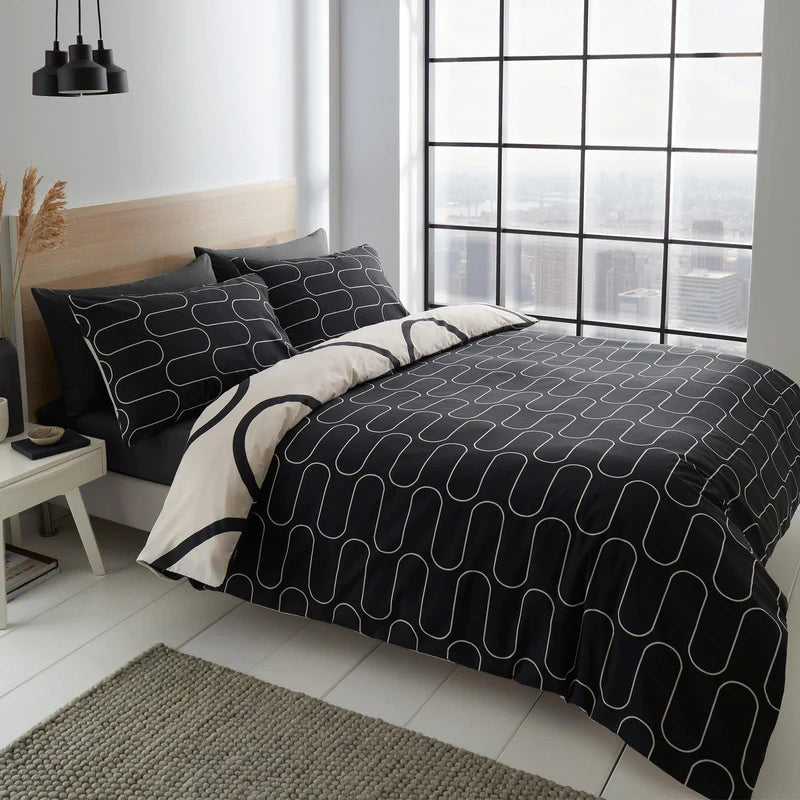 Linear Curve Geometric Black Duvet Cover Set by Catherine Lansfield