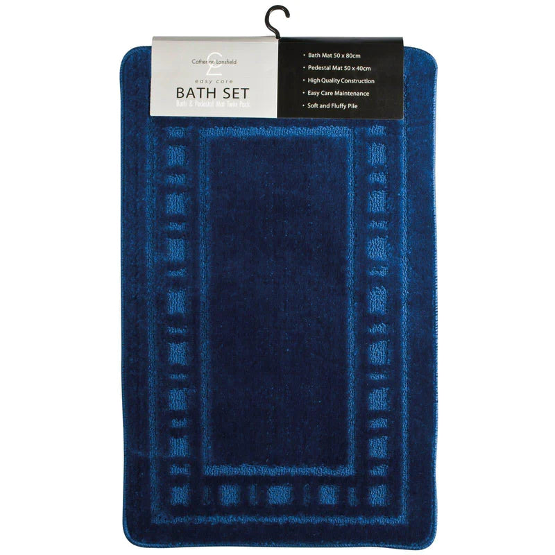 Armoni Bordered Bath & Pedestal Mat Set Navy