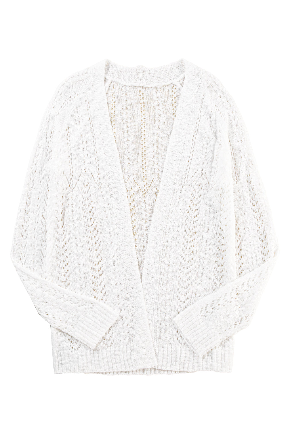 White Solid Colour Hollow Knit Open Front Cardigan