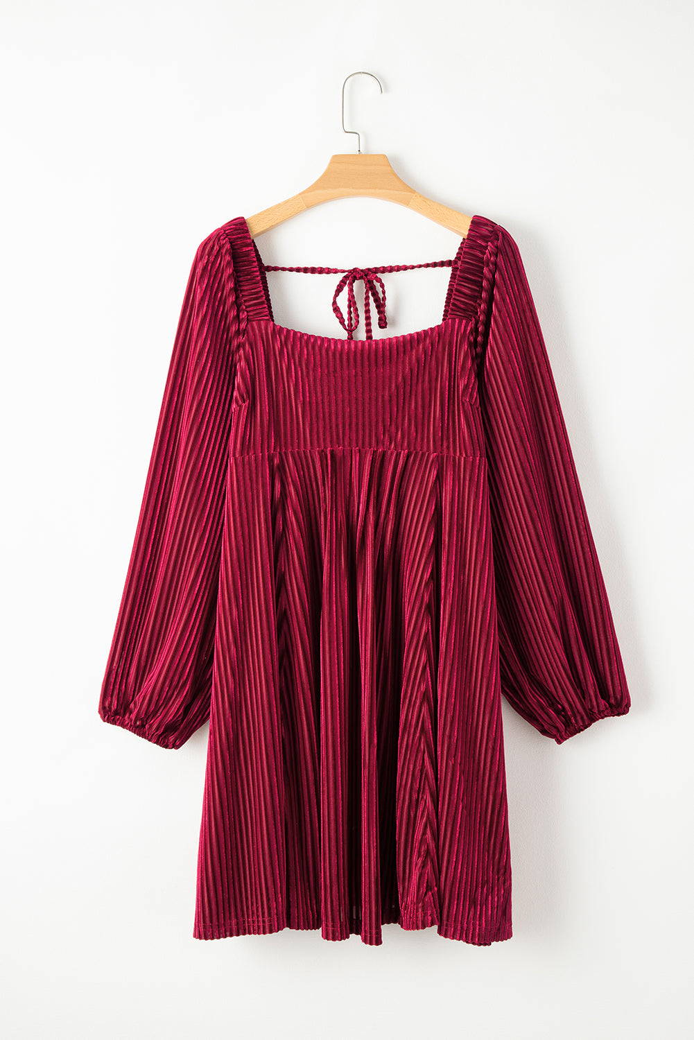 Square Neck Tie Back Ribbed Velvet Babydoll Dress