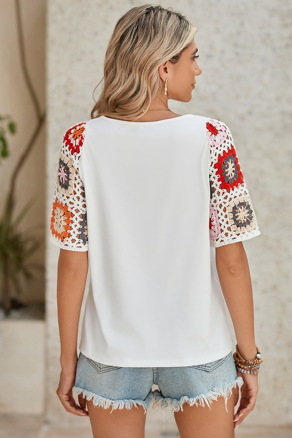 Black Floral Hollowed Crochet Sleeve Boho T Shirt