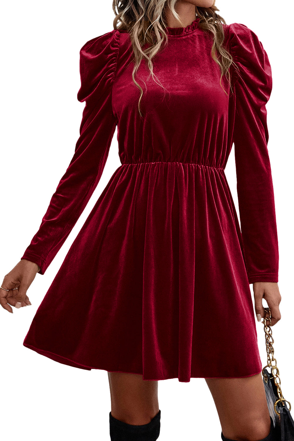 Velvet Frilled Neck Gigot Sleeve Swing Dress