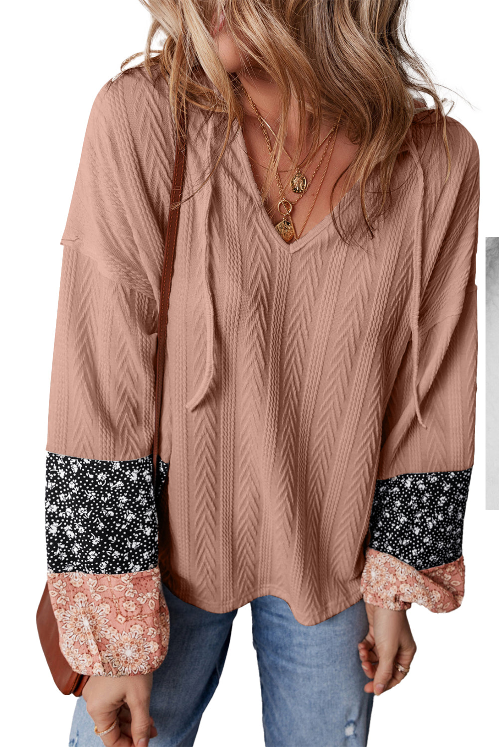 Floral Patchwork Textured Drawstring V Neck Top