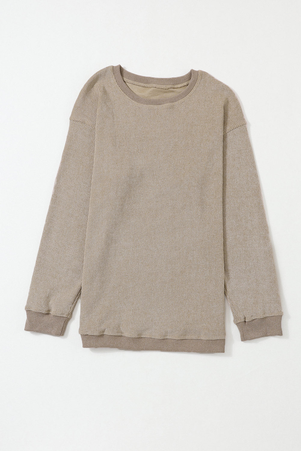 Solid Ribbed Round Neck Pullover Sweatshirt