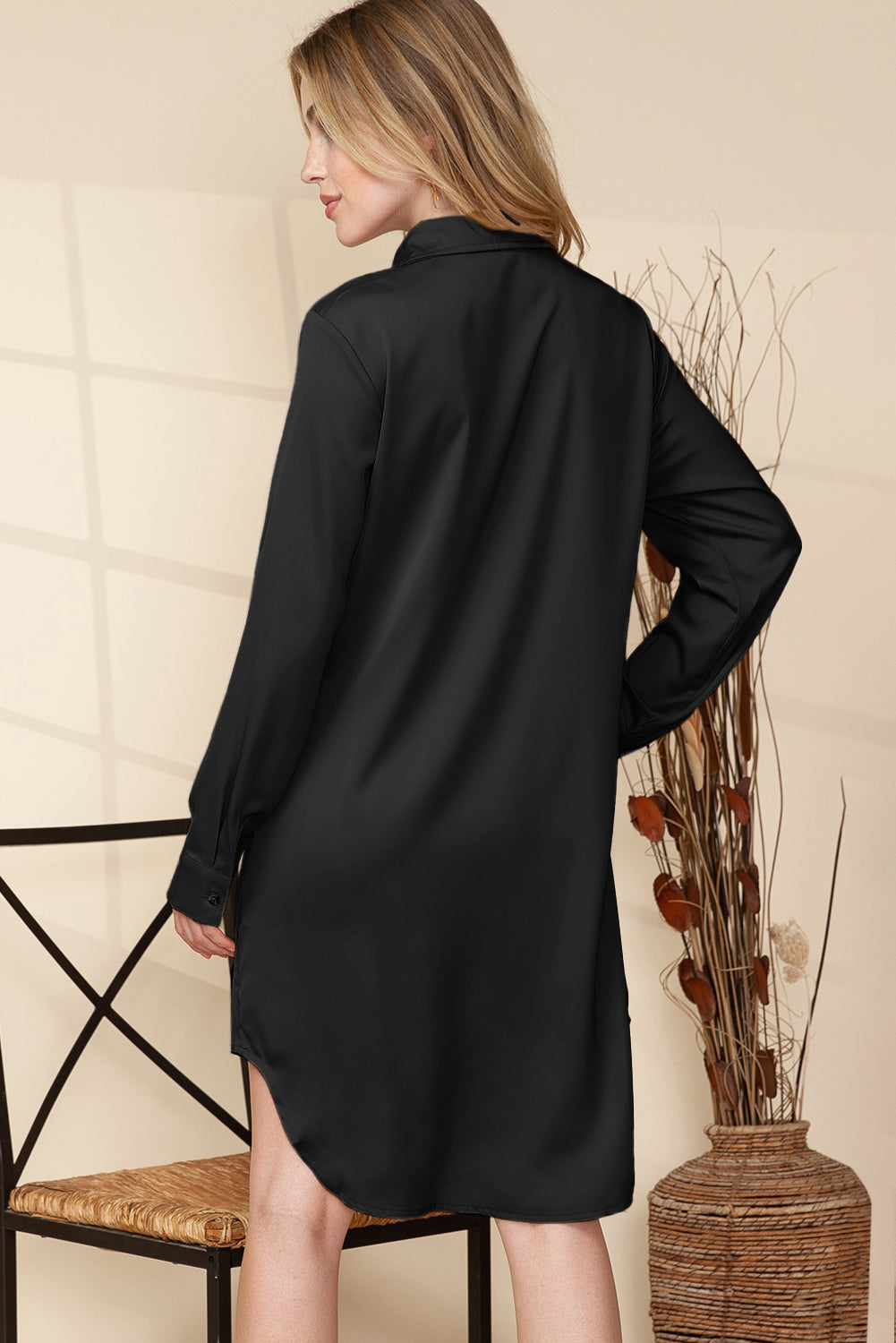 Black Sequin Splicing Pocket Casual Buttoned Shirt Dress