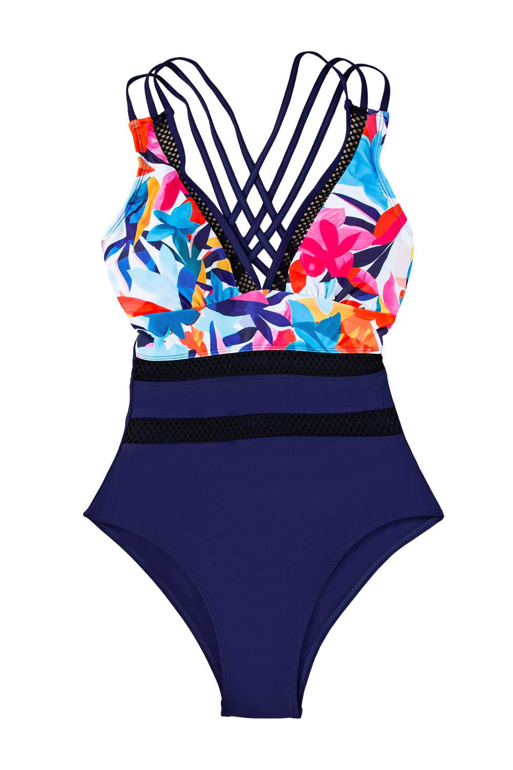 Blue Floral Leopard Splicing Color Block Mesh One Piece Swimsuit