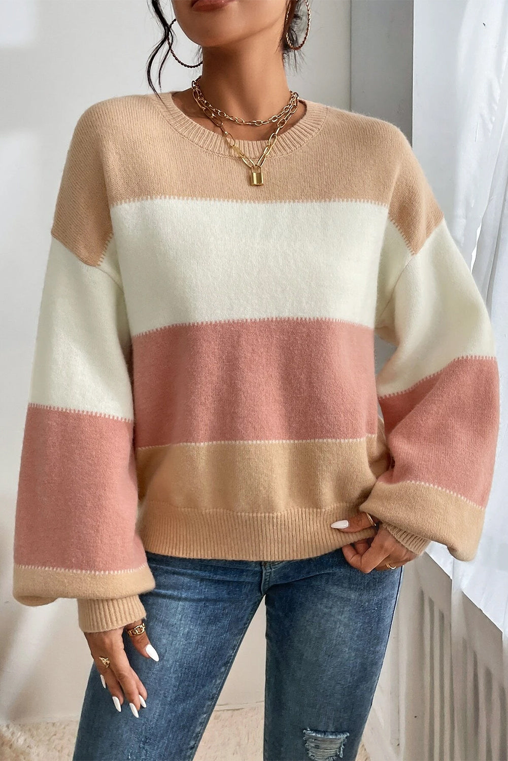 Dusty Pink Colour Block Lantern Sleeve Drop Shoulder Sweater