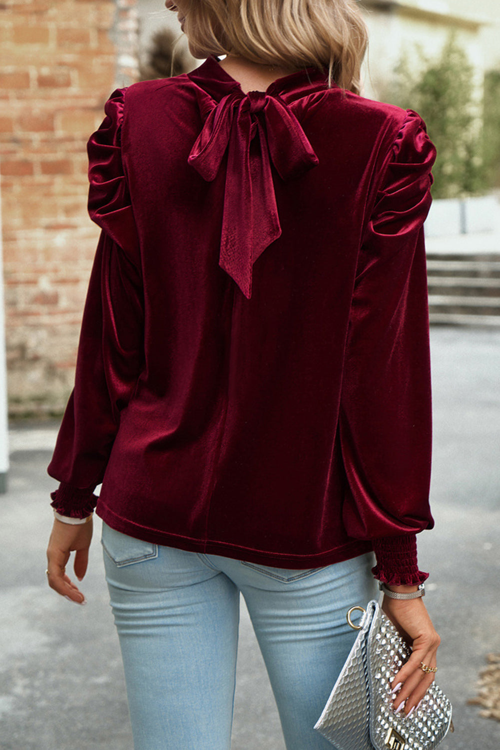 Mock Keyhole Neck Puff Sleeve Velvet Blouse