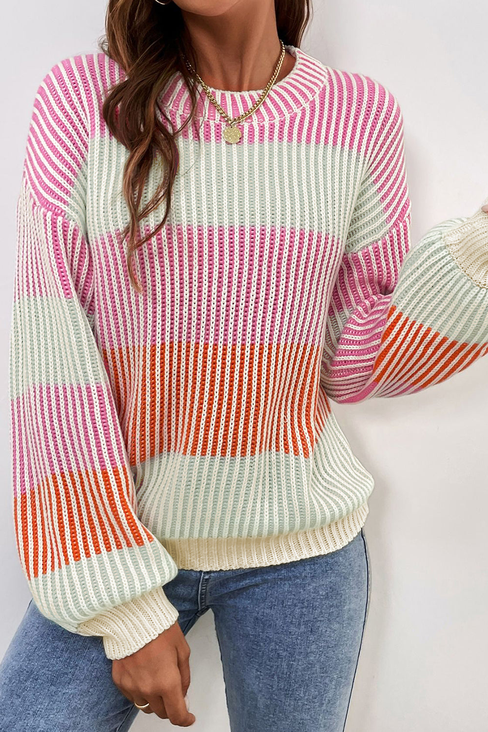 Multicolour Colour block Lantern Sleeve Knitted Sweater