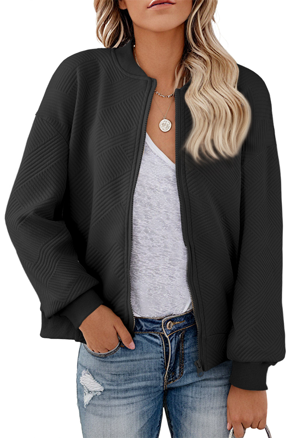 Plain Textured Zip Up Bomber Jacket