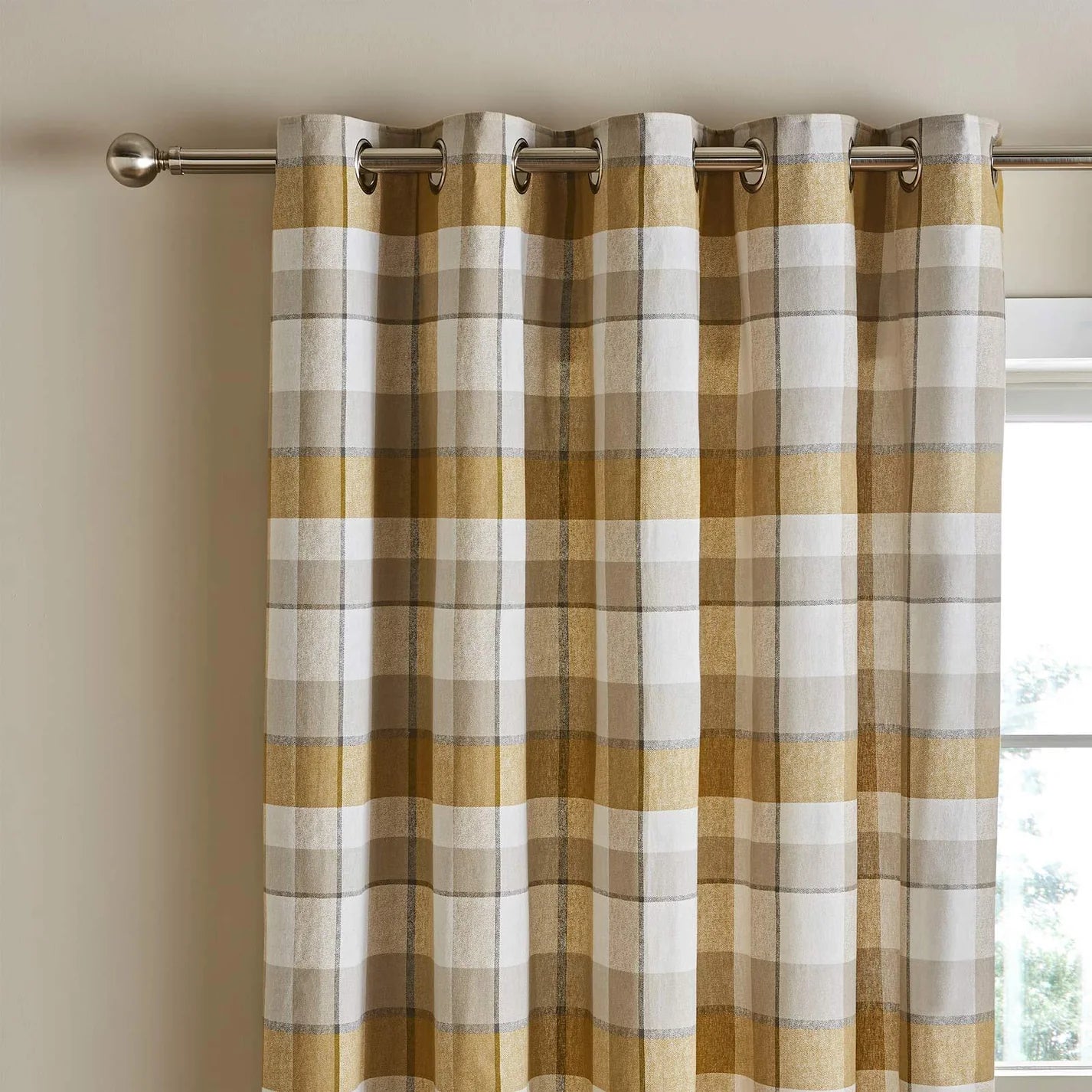 Ochre Brushed Cotton Thermal Check Eyelet Curtains - Catherine Lansfield