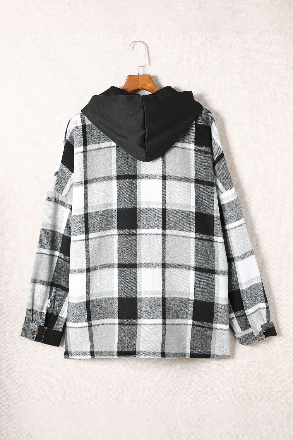 Plaid Button Front Drop Sleeve Hooded Shacket