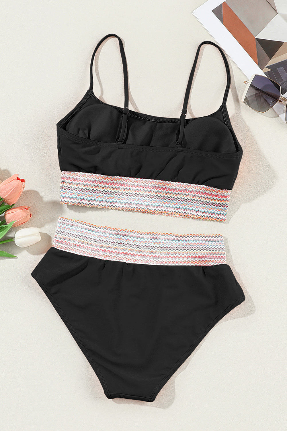 Striped Patchwork Spaghetti Strap High Waist Bikini Set