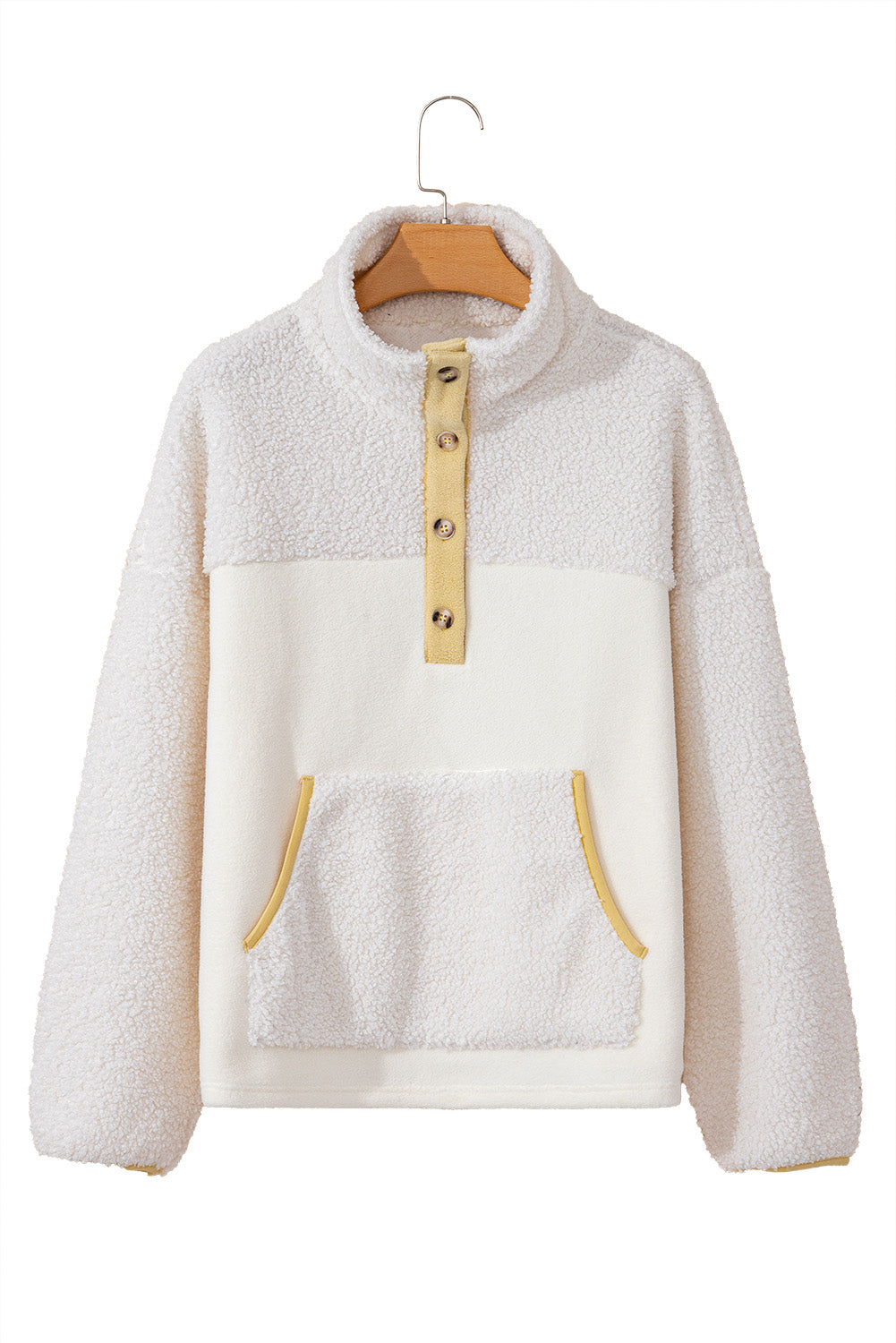 Beige Fleece Colourblock Trim Buttons Collar Sweatshirt with Pocket