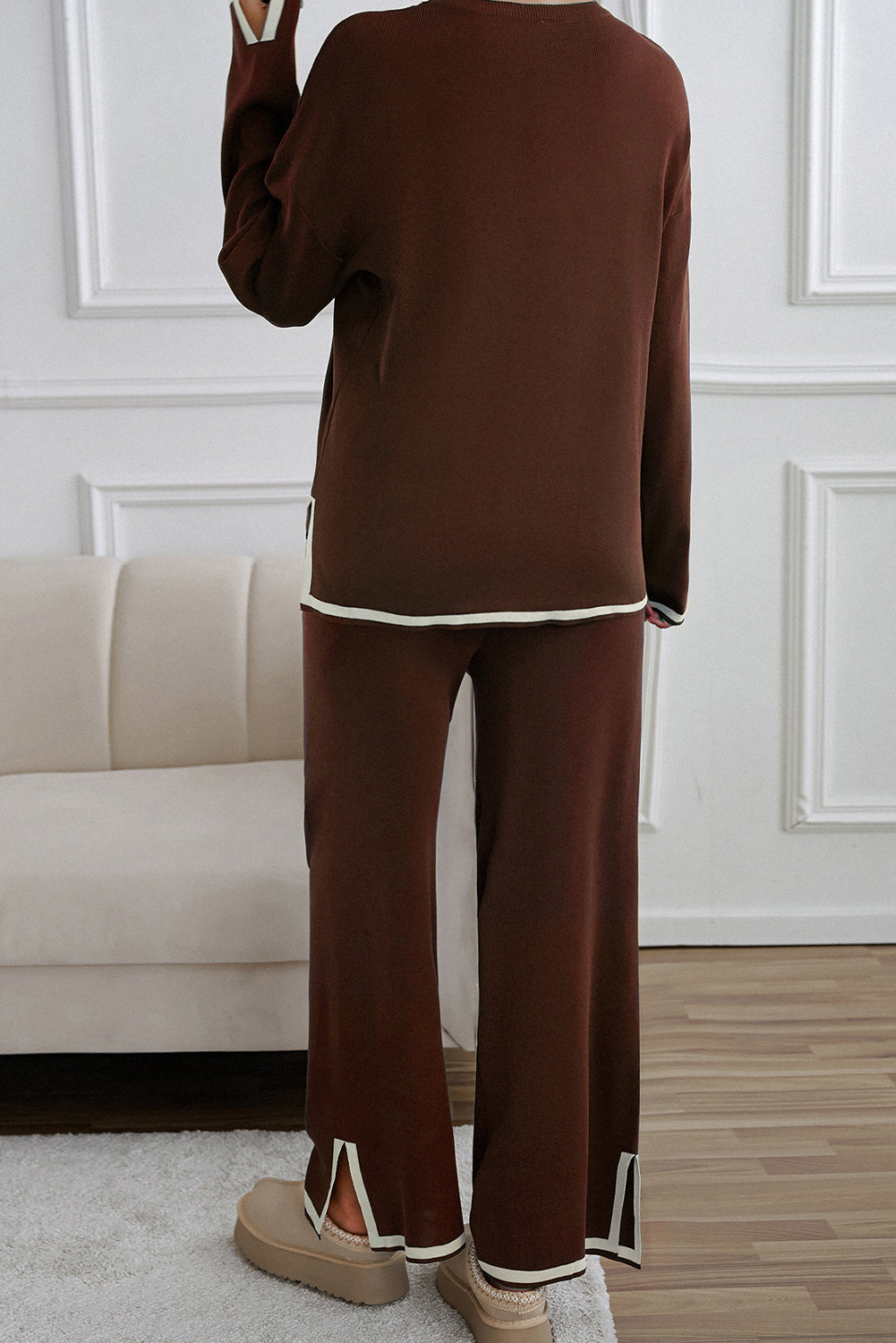 Apricot Contrast Trim Split Cuffs Round Neck Top and Pants Set