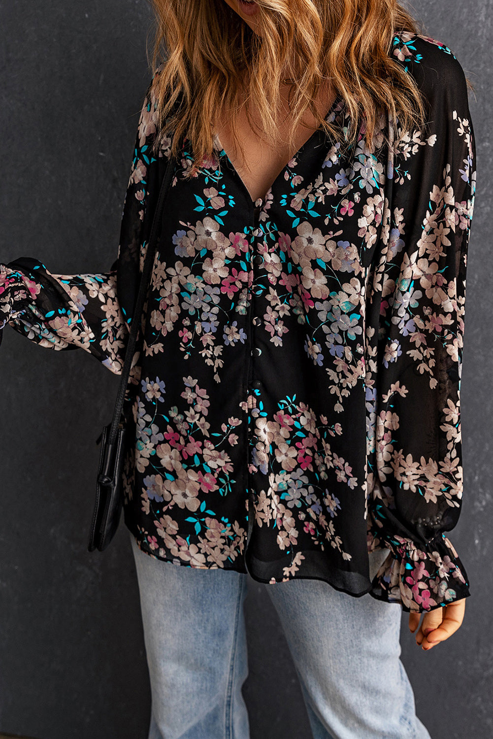 Black Floral Boho Chiffon Peasant Sleeve Blouse