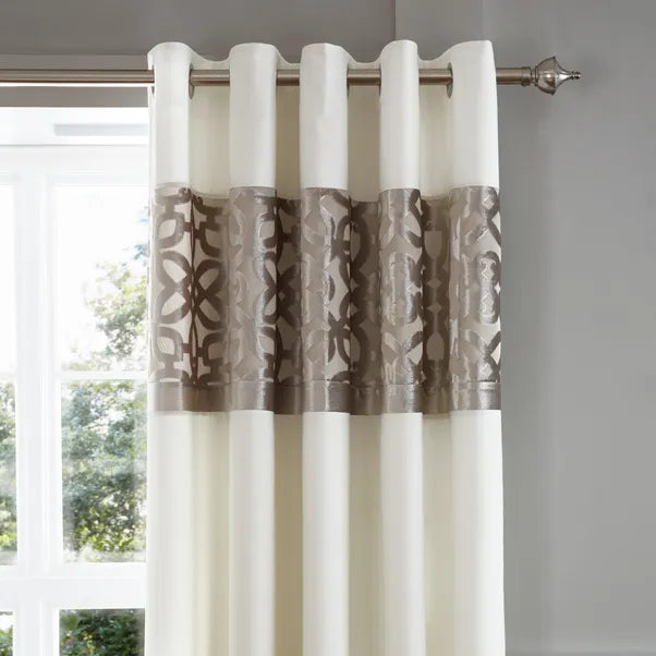 Lattice Cut Velvet Lined Eyelet Curtains in Natural by Catherine Lansfield