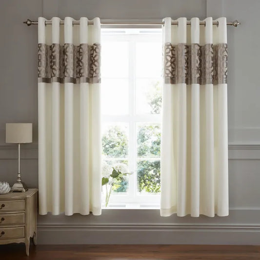 Lattice Cut Velvet Lined Eyelet Curtains in Natural by Catherine Lansfield