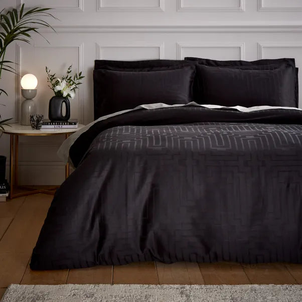 Satin Geo Jacquard 100% Cotton Black Duvet Cover Set by Bianca