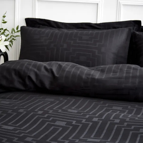 Satin Geo Jacquard 100% Cotton Black Duvet Cover Set by Bianca