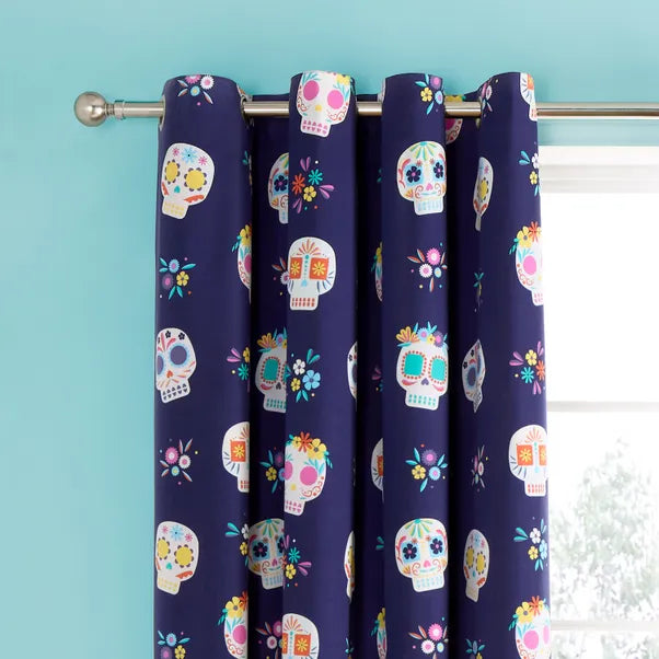 Sugar Skull Fiesta Reversible Eyelet Curtains in Purple by Catherine Lansfield