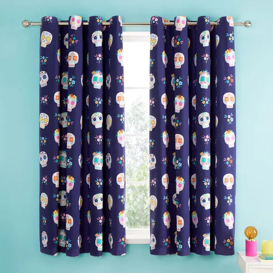 Sugar Skull Fiesta Reversible Eyelet Curtains in Purple by Catherine Lansfield