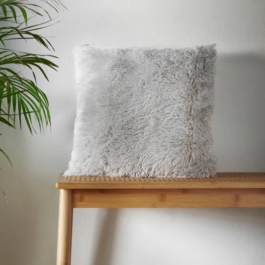 Cuddly Deep Pile Faux Fur Cushion in Silver by Catherine Lansfield