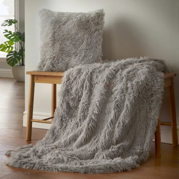 Cuddly Deep Pile Faux Fur Cushion in Silver by Catherine Lansfield