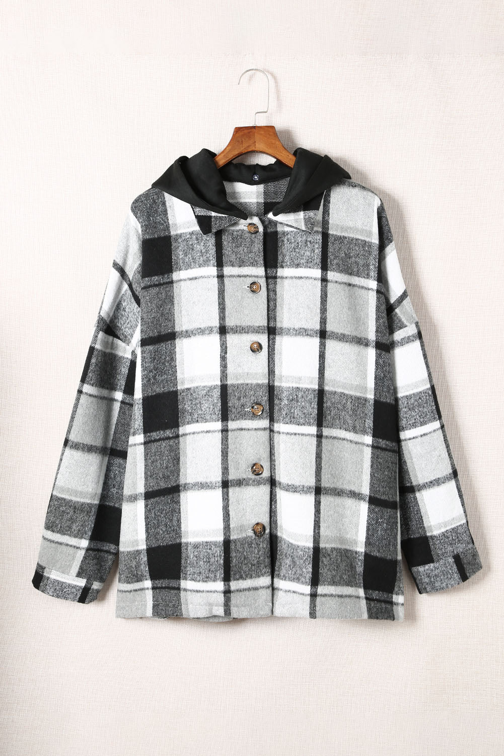 Plaid Button Front Drop Sleeve Hooded Shacket